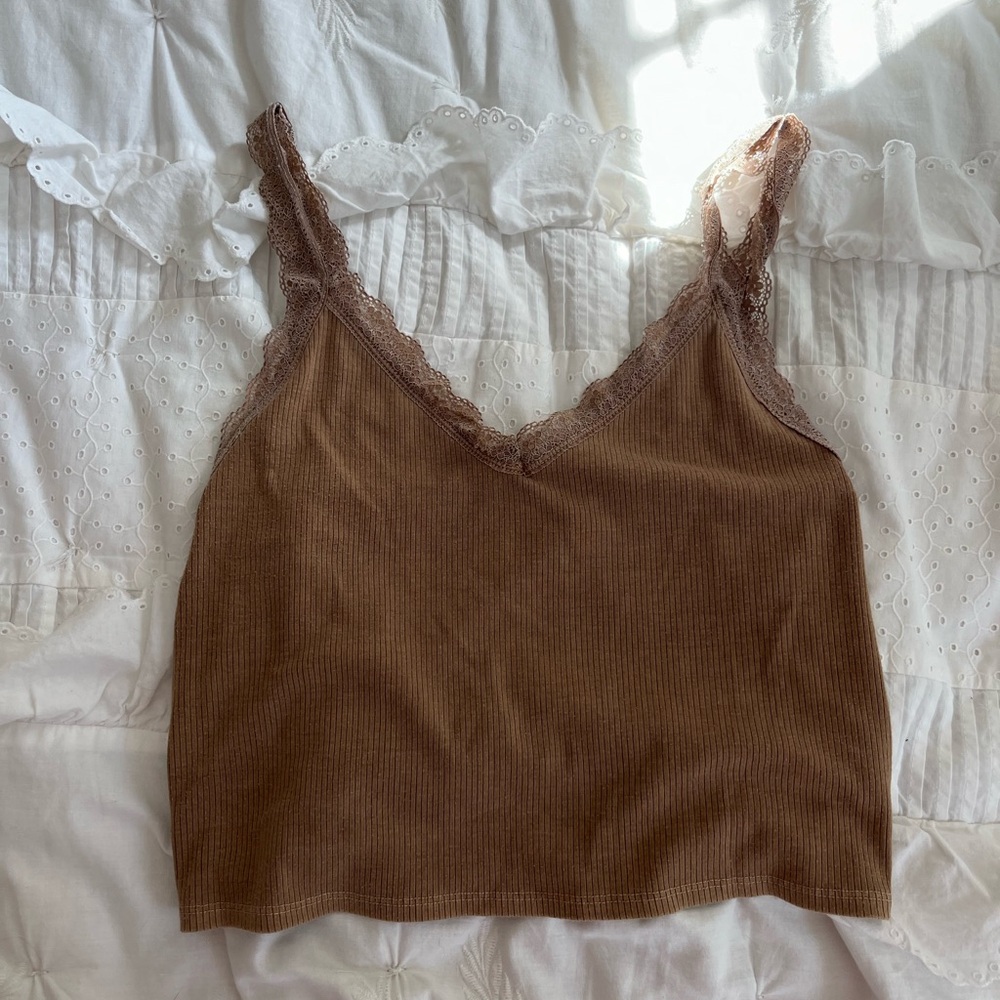 American Eagle brown ribbed lace crop v neck top
